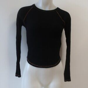 Womens Hashttag Black Ribbed Long Sleeve Top W/Brown Stitchwork S